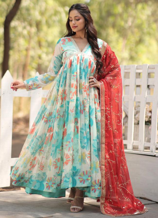 Russian Silk Sky Blue Party Wear Digital Print Readymade Gown With Dupatta